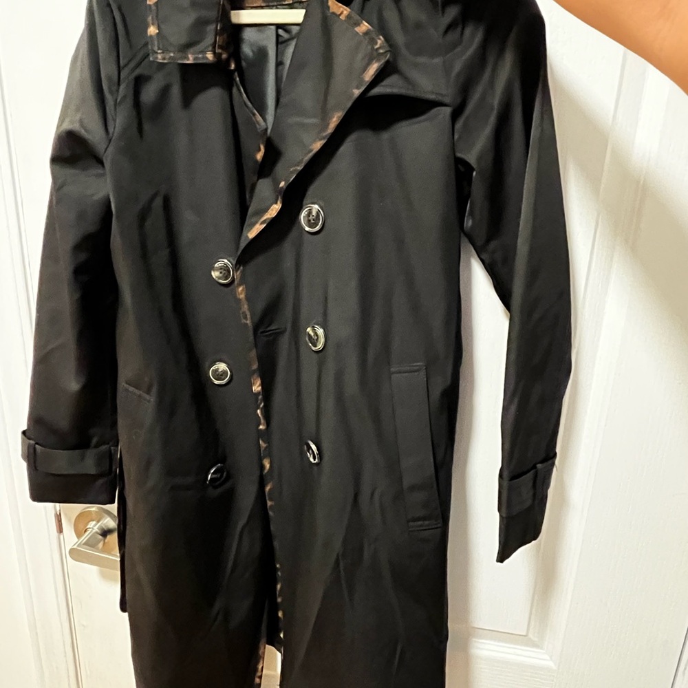 Tahari Black Trench Coat with Leopard Accents